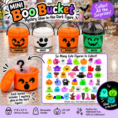 Halloween-themed promotional graphic for a Mini Halloween Bucket with mystery glow-in-the-dark figure. The image shows four example buckets in orange, white, pumpkin, and green with faces, plus a large inset showing many collectible mini figures.