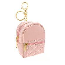 Load image into Gallery viewer, Light Pink Quilted mini backpack keychain. Has 2 pockets that open with gold zippers and gold keyring, chain, and lobster clip. Measures 3.94 inches tall. Little Gift Nook.