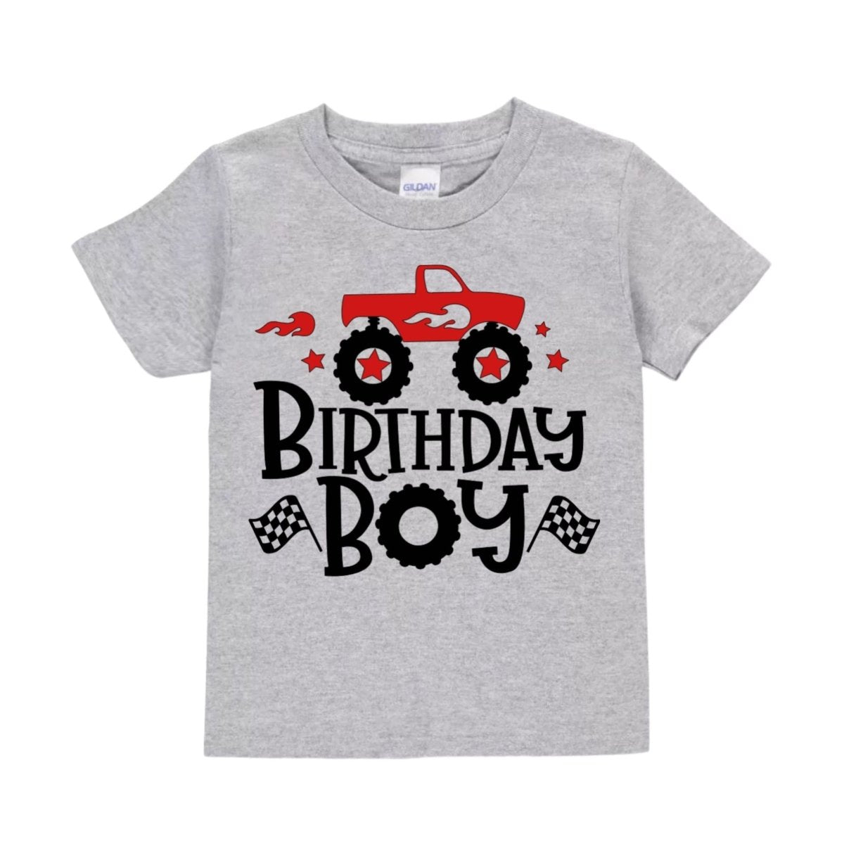 Gray t-shirt with red monster truck and 'Birthday Boy' text on a white background.