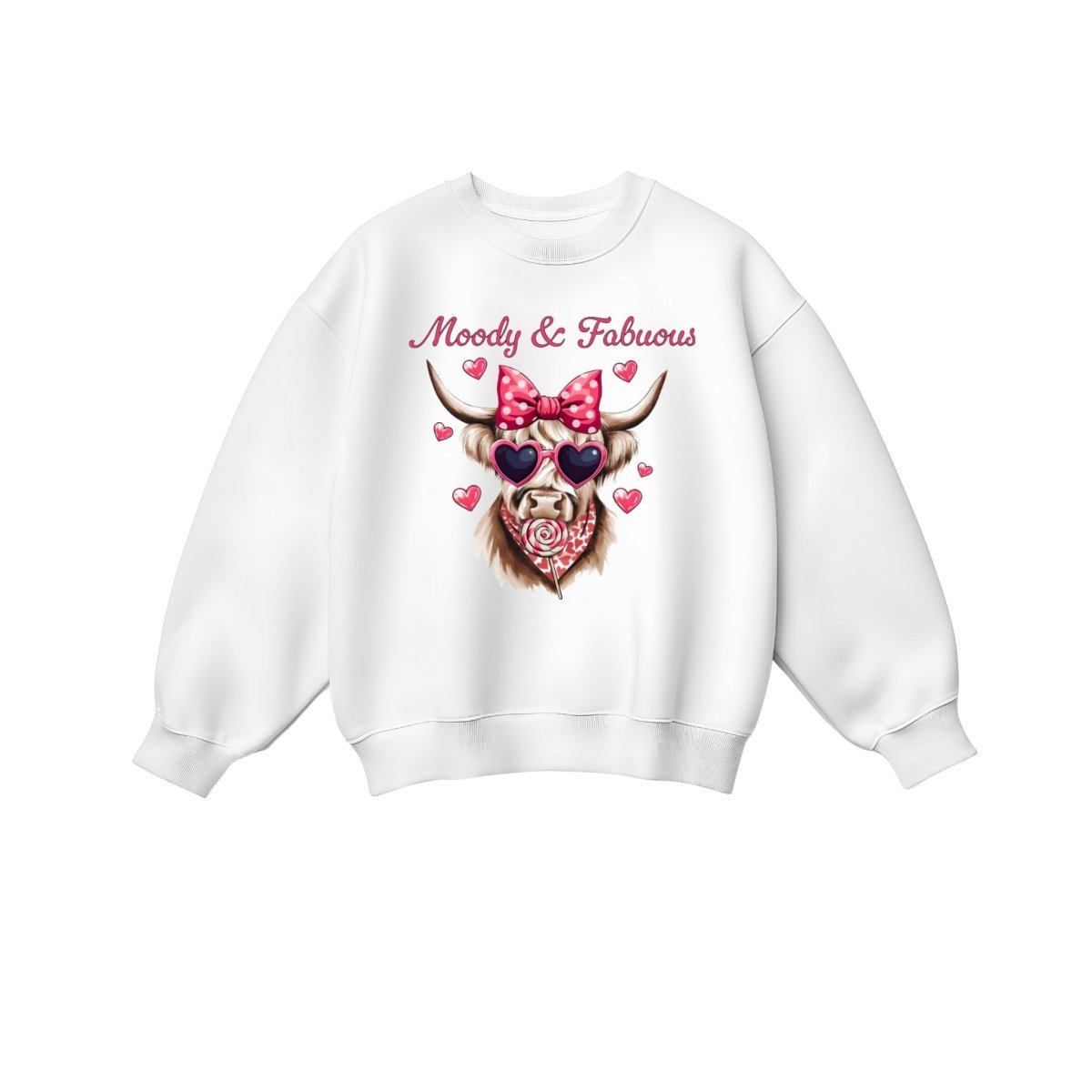 white sweatshirt with pink highland cow in pink heart sunglasses, hair bow, bandana, and sucker moody and fabulous on front. Little Gift Nook