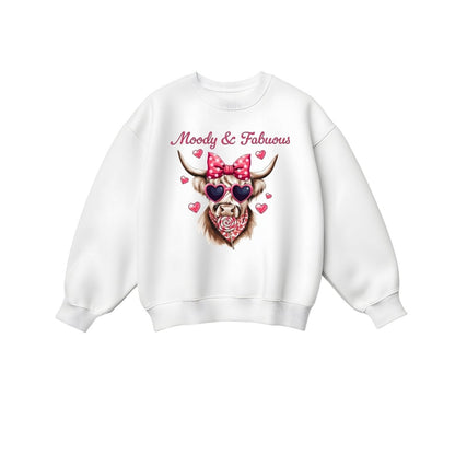 white sweatshirt with pink highland cow in pink heart sunglasses, hair bow, bandana, and sucker moody and fabulous on front. Little Gift Nook