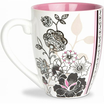 Mum 20oz white, pink, black floral coffee mug back.