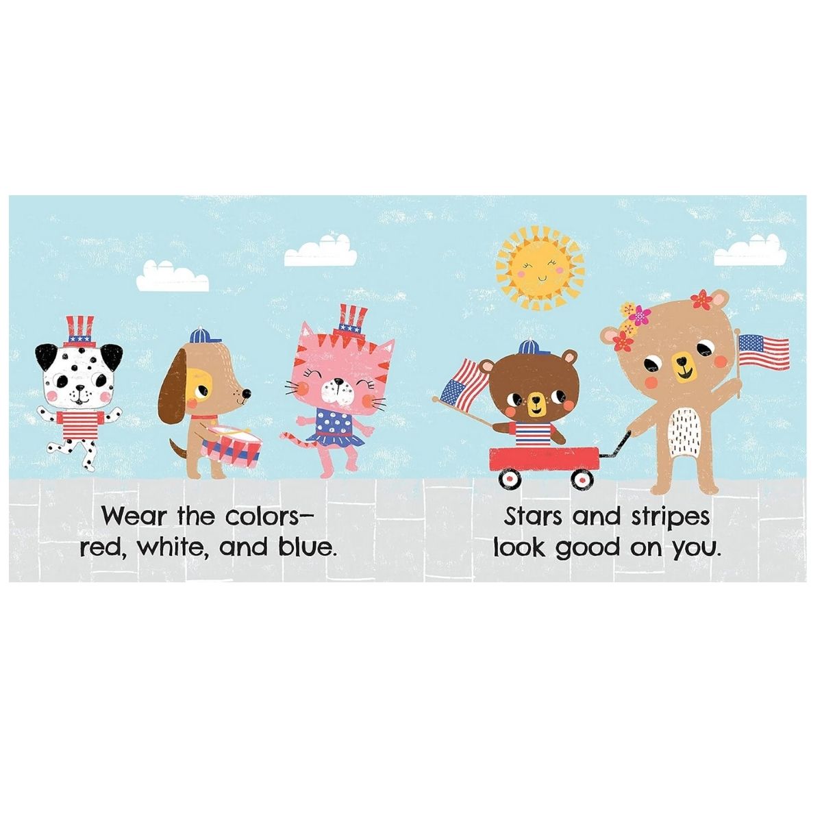 Inside pages of "My American Baby" board book with illustrations of animals in patriotic clothing on blue white sky background.
