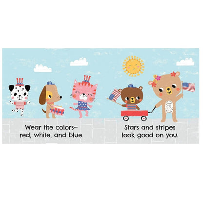 Inside pages of "My American Baby" board book with illustrations of animals in patriotic clothing on blue white sky background.