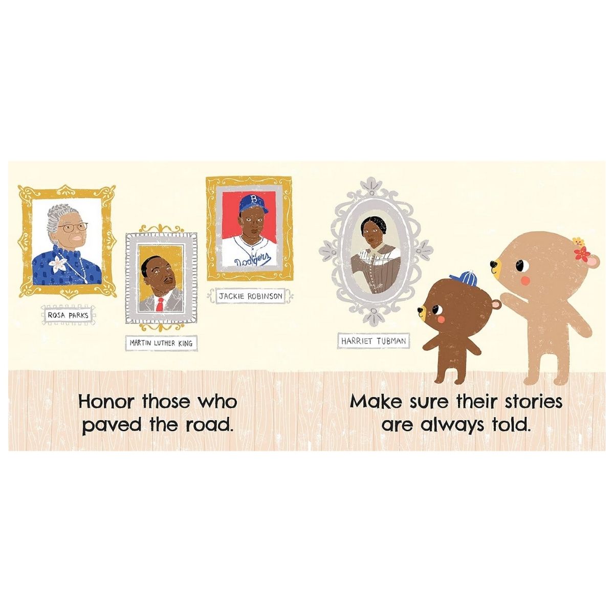 Inside pages of "My American Baby" board book with illustrations of animals looking at portraits of historical figures.