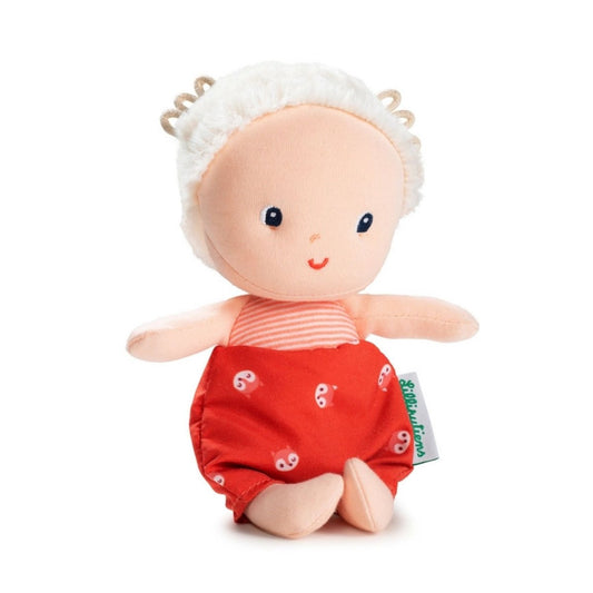 My first baby doll Mila by Janod on white background. 