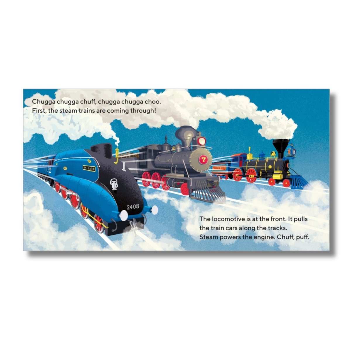 Inside My first book of trains softcover childrens book with 3 locomotives. 