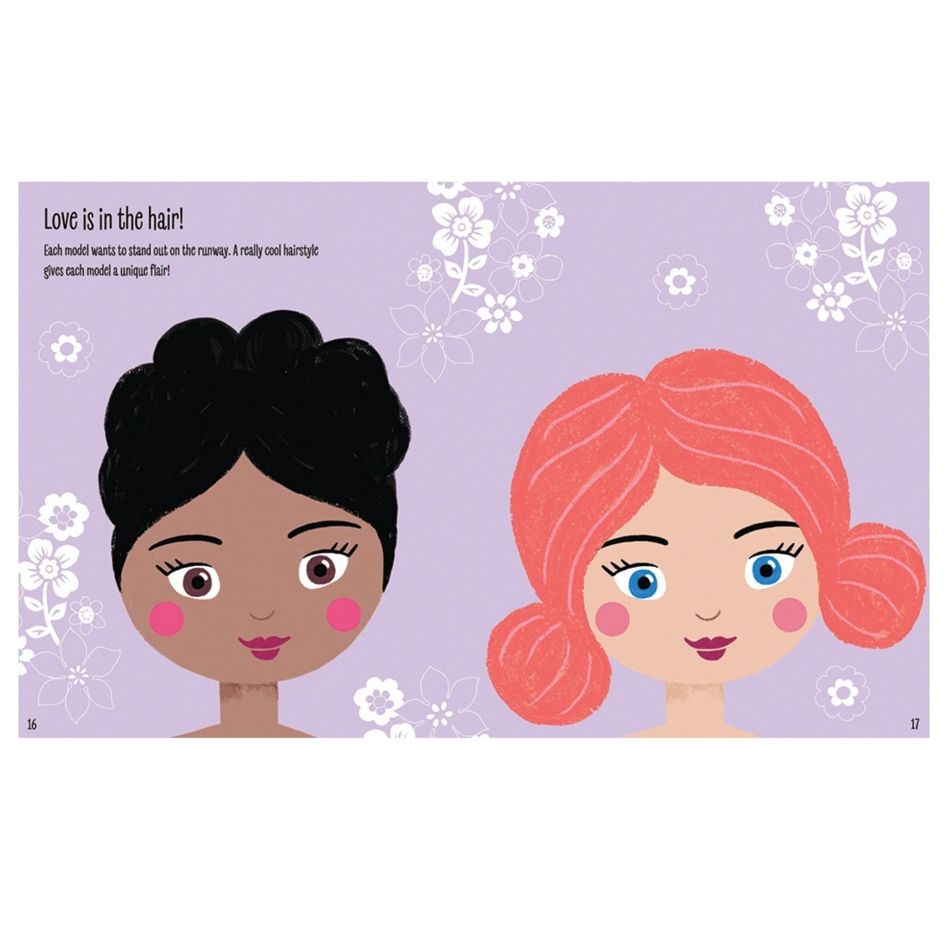 Inside sticker activity book with Illustration of two women with different hairstyles on a purple background with floral patterns.