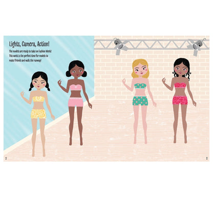 Inside pages of dress up sticker book with Illustration of four dolls in swimsuits on a beach with a camera and 'Fashion World' text.