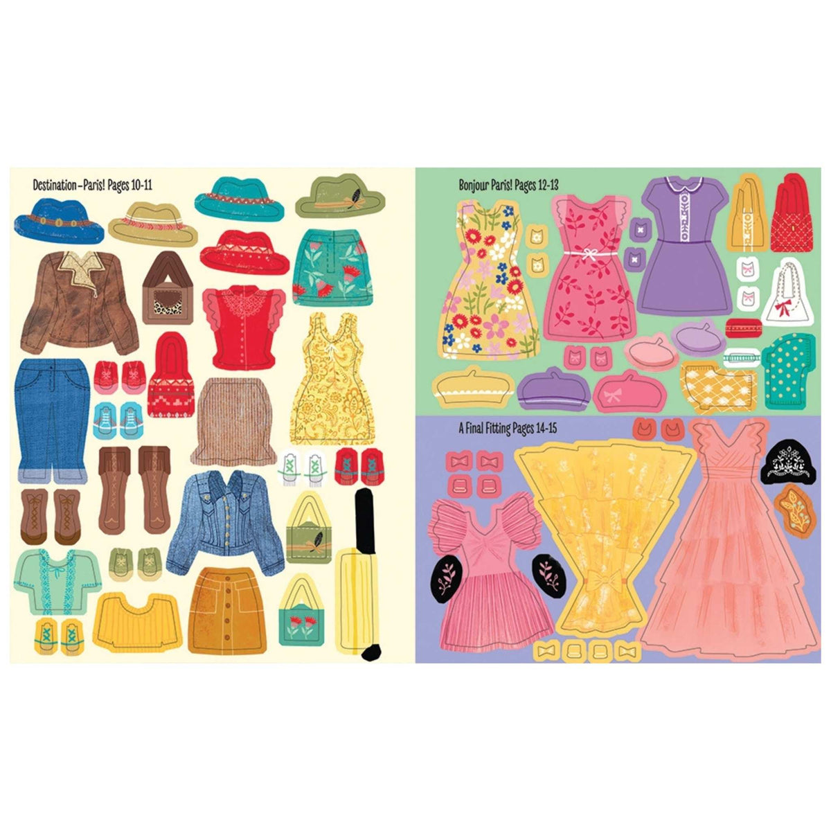 Inside sticker dress up book with pages of colorful clothing pieces on a white background.