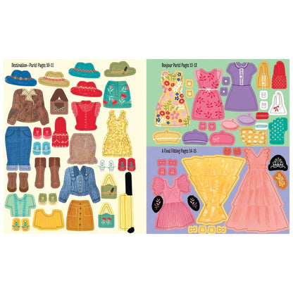 Inside sticker dress up book with pages of colorful clothing pieces on a white background.