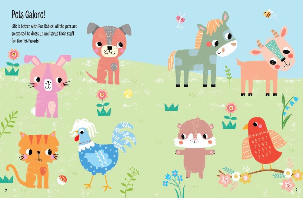 My sticker dress up pets activity book inside page with farm animals.