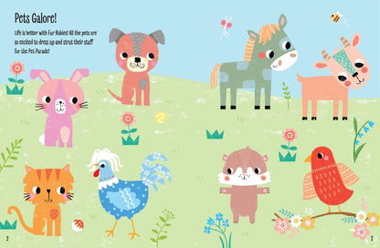 My sticker dress up pets activity book inside page with farm animals.
