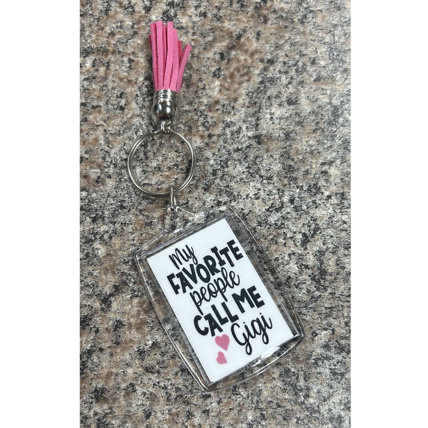 Gigi Grandma Keychain. 2" clear rectangle keychain with image on both sides. Pink tassel. My favorite people call me Gigi" - Little Gift Nook