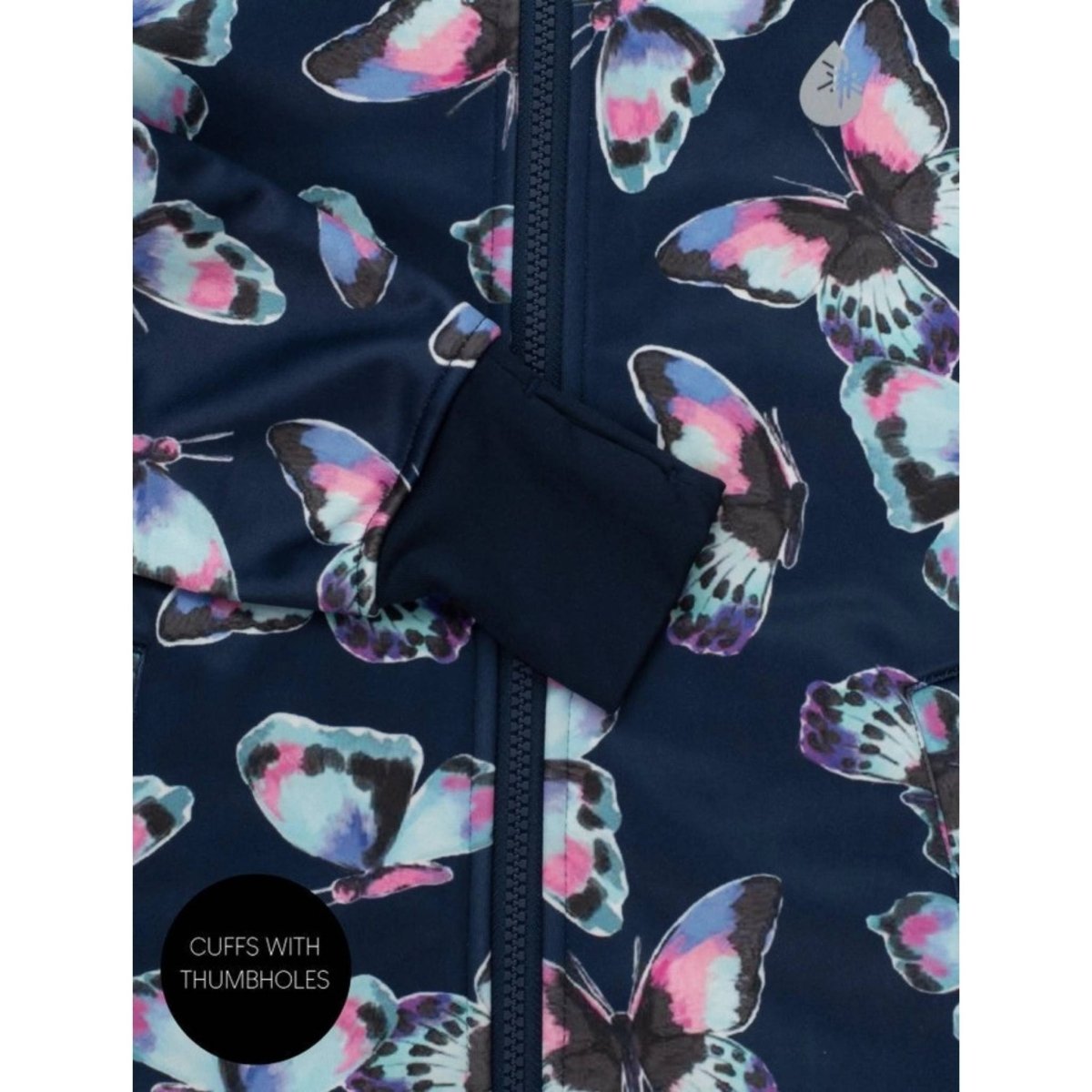 Girl's All-Weather Hooded Waterproof Raincoat Navy Butterfly Rain Jacket. Cuffs with thumb holes.