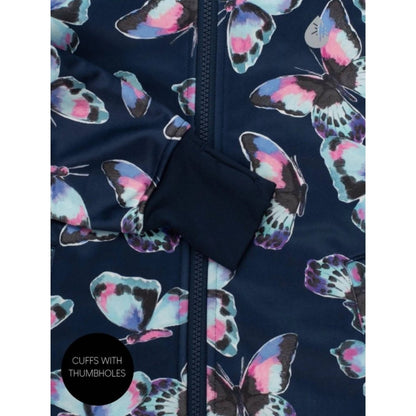 Girl's All-Weather Hooded Waterproof Raincoat Navy Butterfly Rain Jacket. Cuffs with thumb holes.