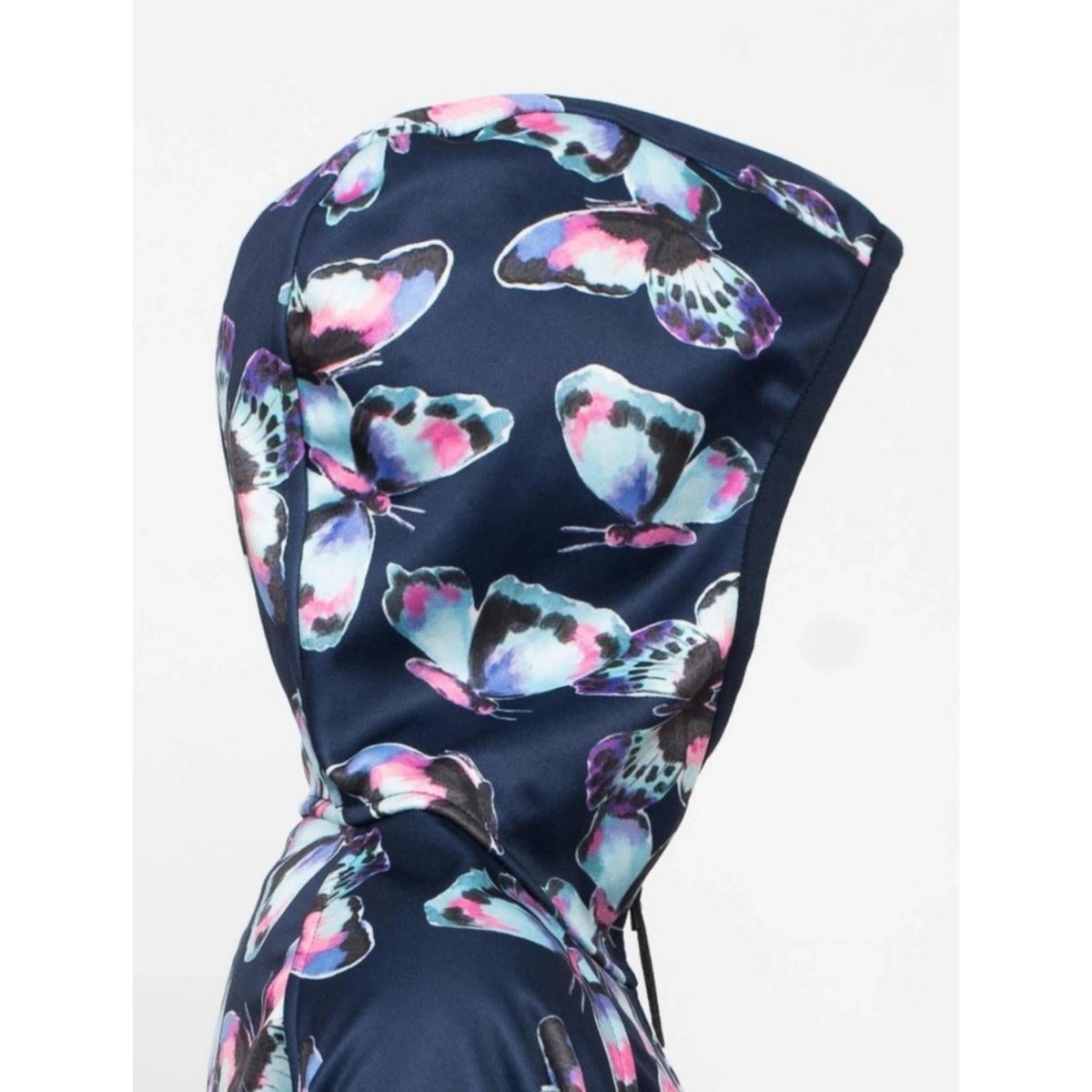 Girl's All-Weather Hooded Waterproof Raincoat Navy Butterfly Rain Jacket. Close up of hood.