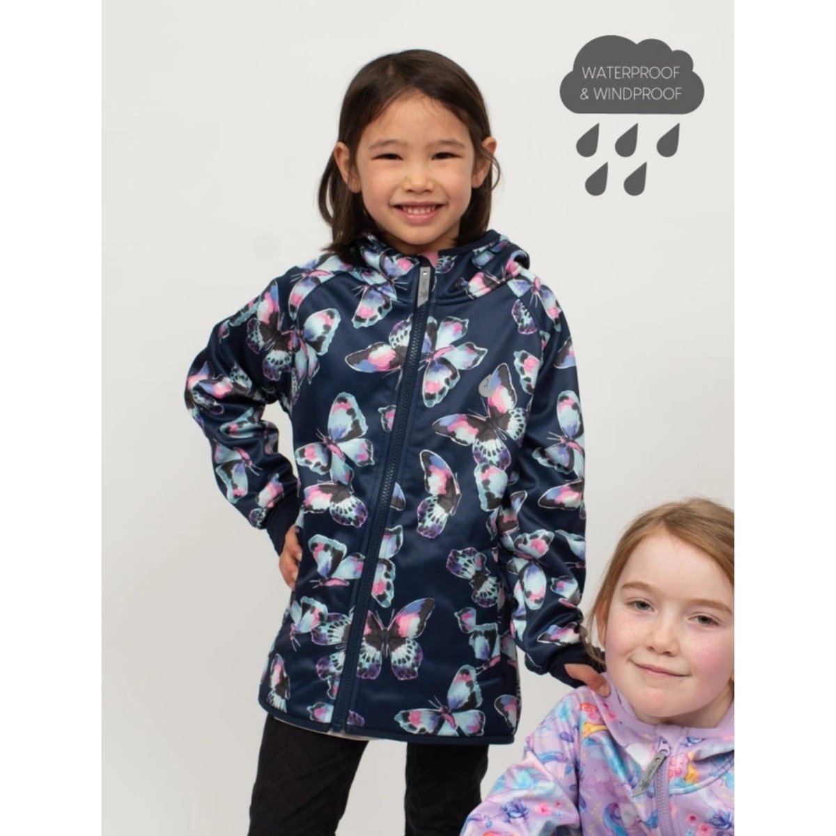 Girl's All-Weather Hooded Waterproof Raincoat Navy Butterfly Rain Jacket. Fleece lined.