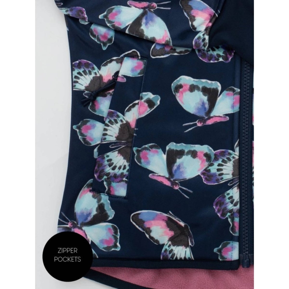 navy pink and blue butterfly print waterproof raincoat pocket close up.