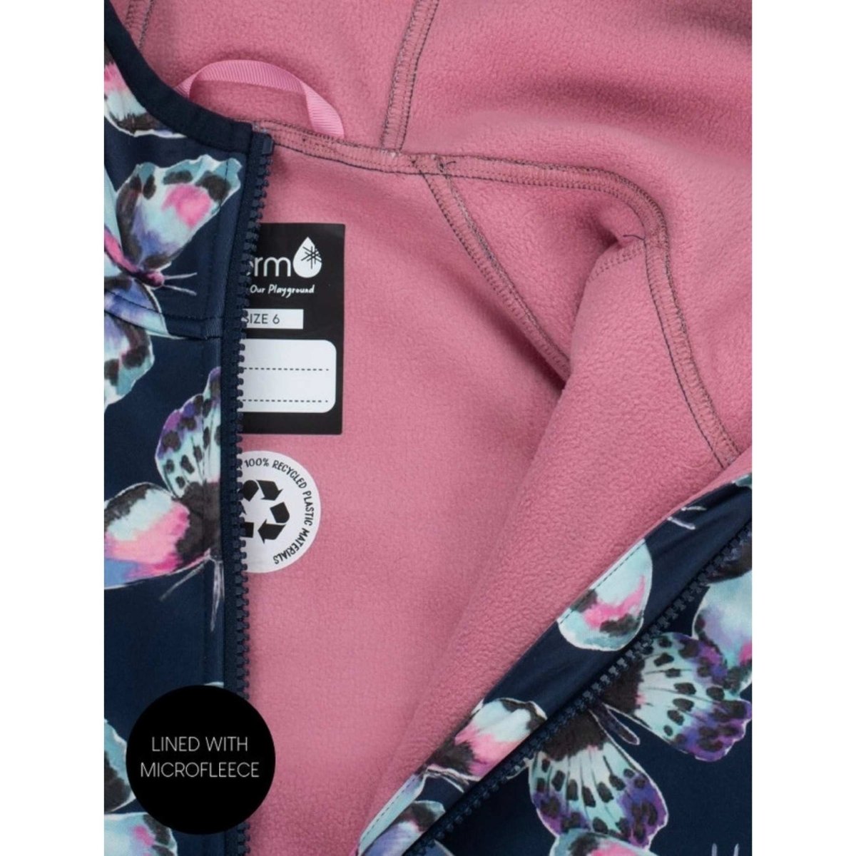 Girl's All-Weather Hooded Waterproof Raincoat Navy Butterfly Rain Jacket. pink fleece lined.