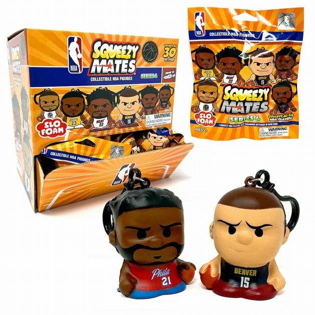 NBA Squeezymates 2025 Mystery Bag Player Keychains. Box, bag with one in each and two random squeezymates on white background. 