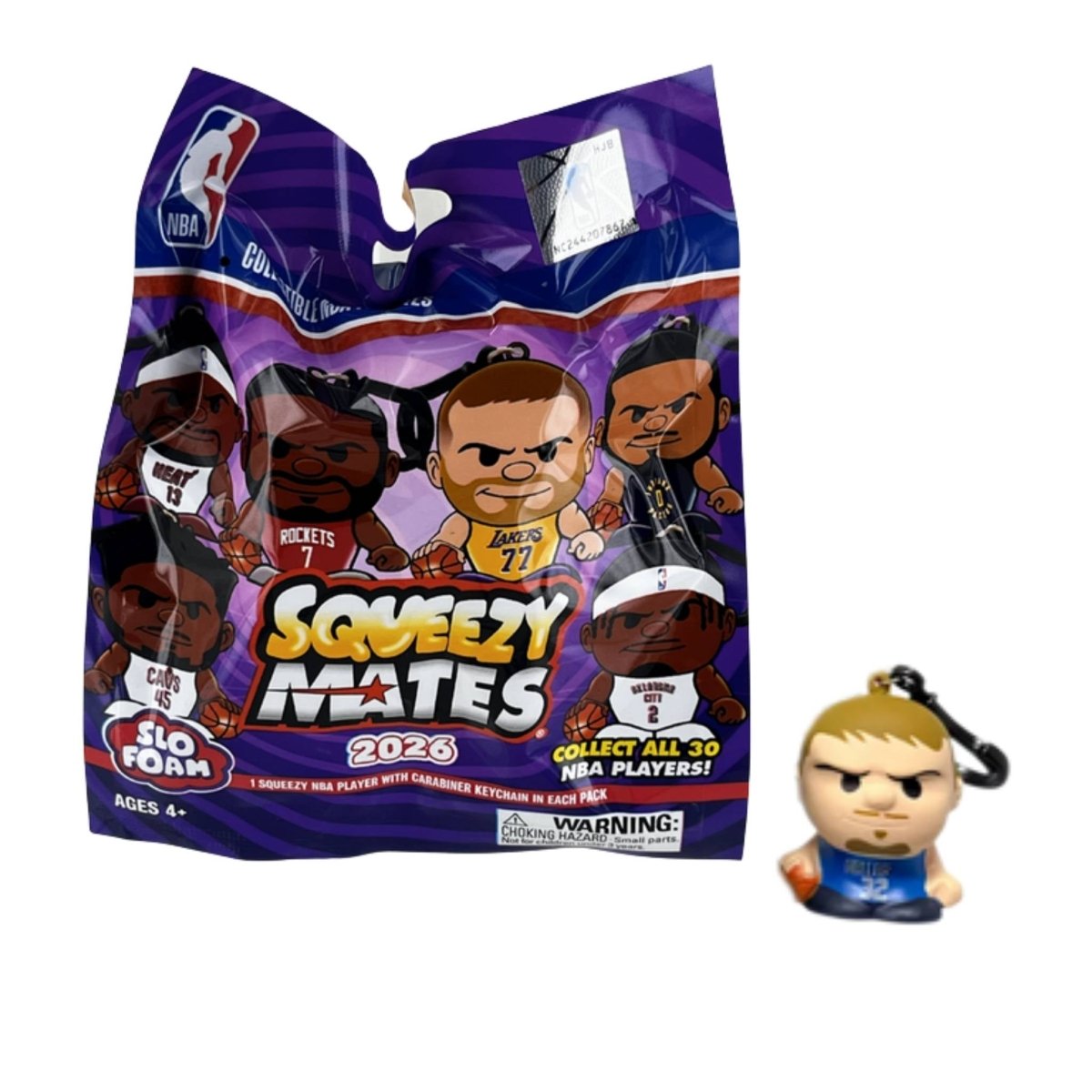 Squeezy Mates 2026 NBA figurine mystery bag packaging with a keychain figure on a white background.