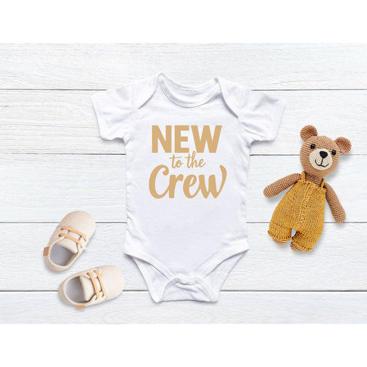 New to the Crew Baby Onesie - white cotton short sleeved onesie with tan "New to the Crew" lettering on front - Little Gift Nook