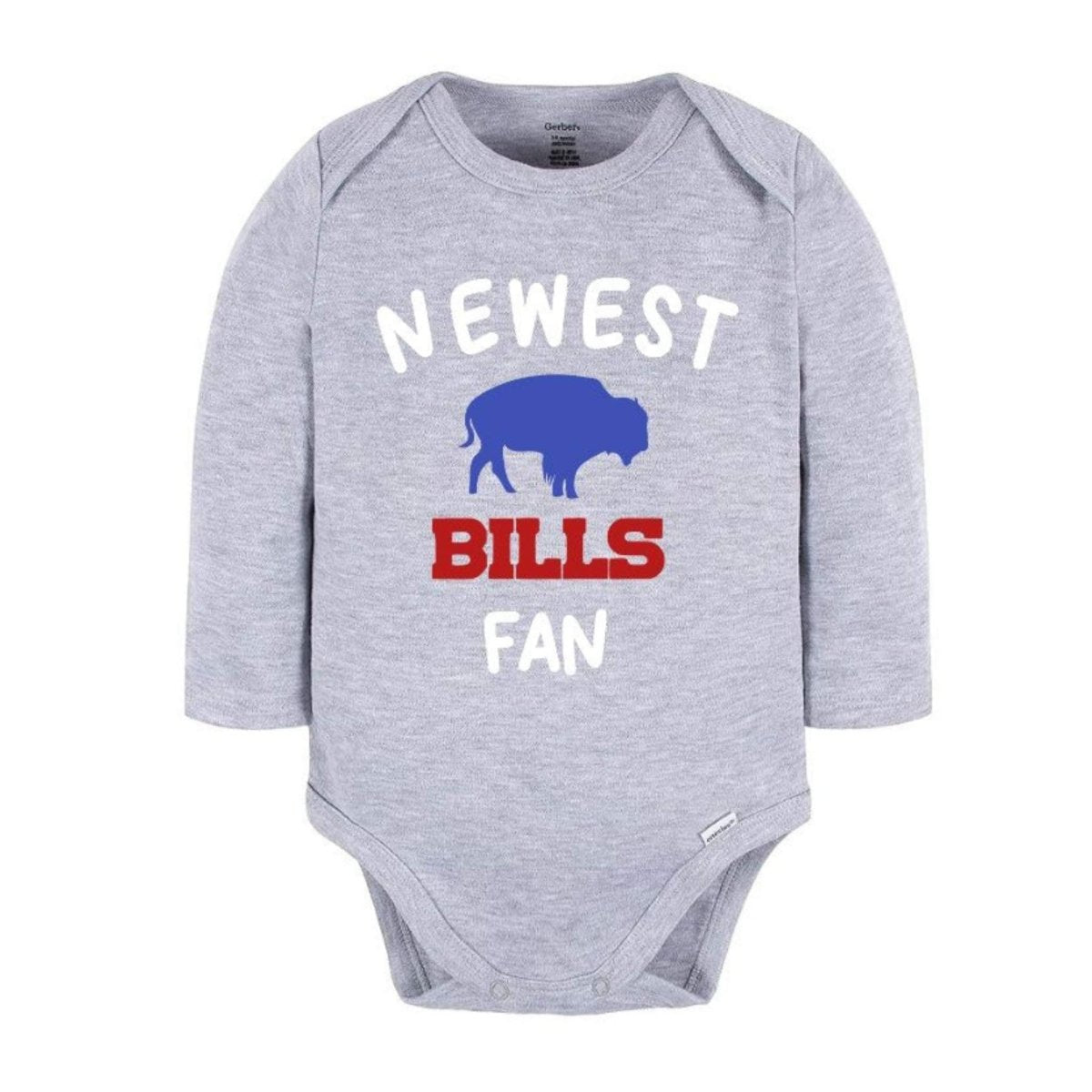 Long sleeve gray baby onesie with "Newest BILLS fan" on front and blue buffalo silhouette laying on white background.