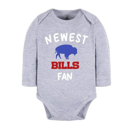 Long sleeve gray baby onesie with "Newest BILLS fan" on front and blue buffalo silhouette laying on white background.