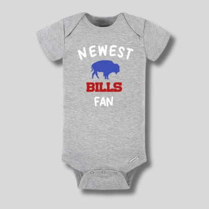 Gray short sleeve baby bodysuit with "Newest BILLS fan" on front and blue buffalo silhouette laying on a light gray background.