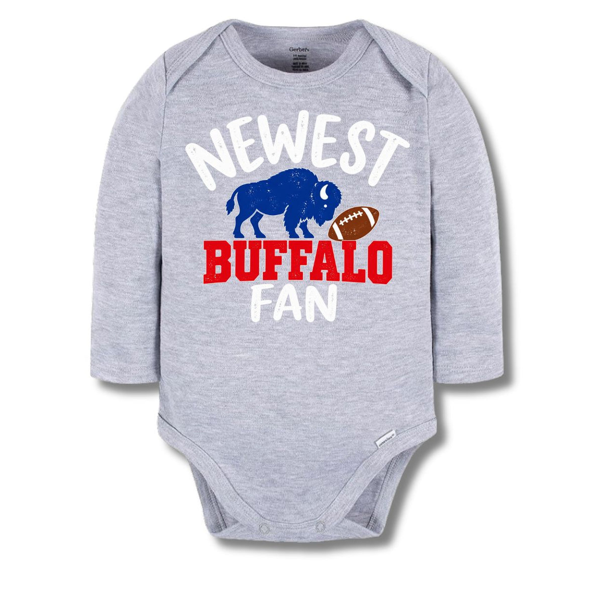 A heather gray long-sleeve baby bodysuit with the text 'NEWEST BUFFALO FAN' in white and red, alongside a blue buffalo and a brown football.