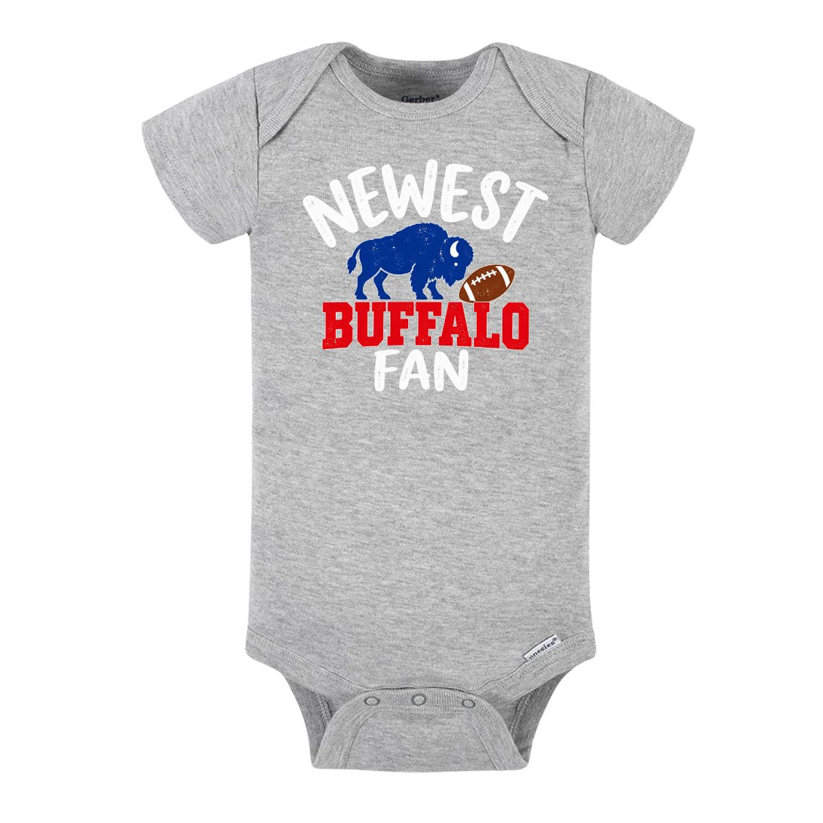 A heather gray short-sleeve baby bodysuit featuring a graphic print with the text 'NEWEST BUFFALO FAN' in white and red, alongside a blue buffalo and a brown football.