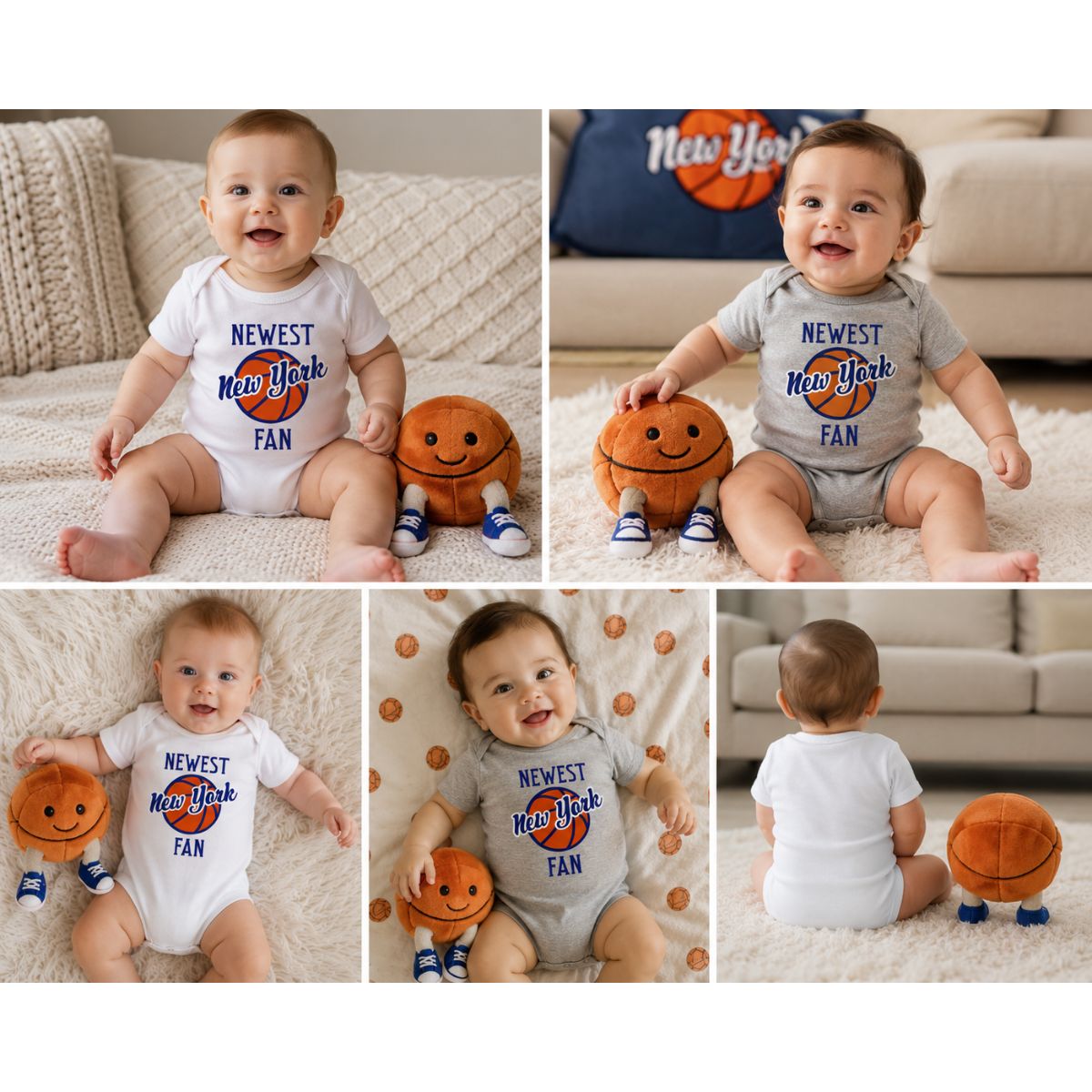 Collage of a baby wearing a 'Newest New York Fan' onesie in white or heather-gray with basketball-themed accessories.