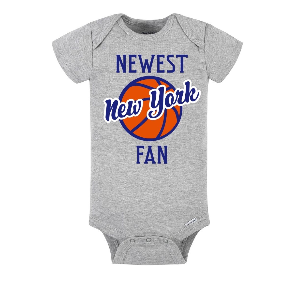 Gray baby onesie with 'Newest New York Fan' text and basketball graphic on a white background.