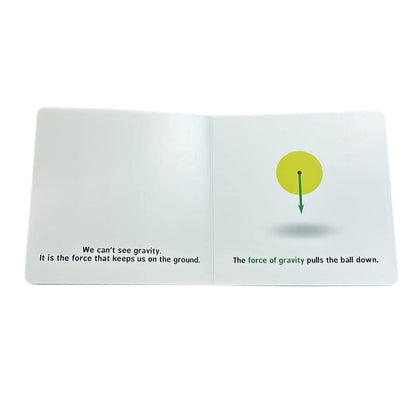 Open book Newtonian Physics with two pages showing a yellow ball and an arrow labeled 'force of gravity pulls ball down'.