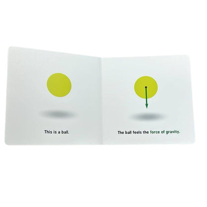 Open book Newtonian Physics with two pages showing a yellow ball and an arrow labeled 'The ball feels the force of gravity'.