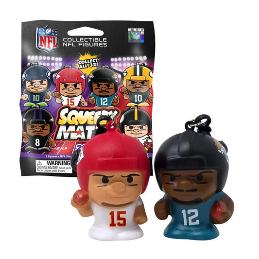 NFL 2026 Squeezymates collectible player figures with keychain clip. Kansas City Chiefs number 15 and Jaguars Travis Hunter and mystery bag package sitting on white background.