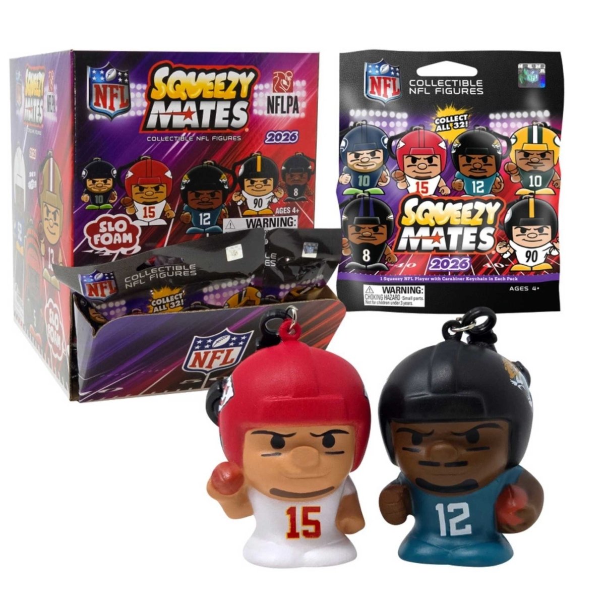 NFL 2026 SqueezyMates mystery bag collectible football players with keychains attached on white background. 