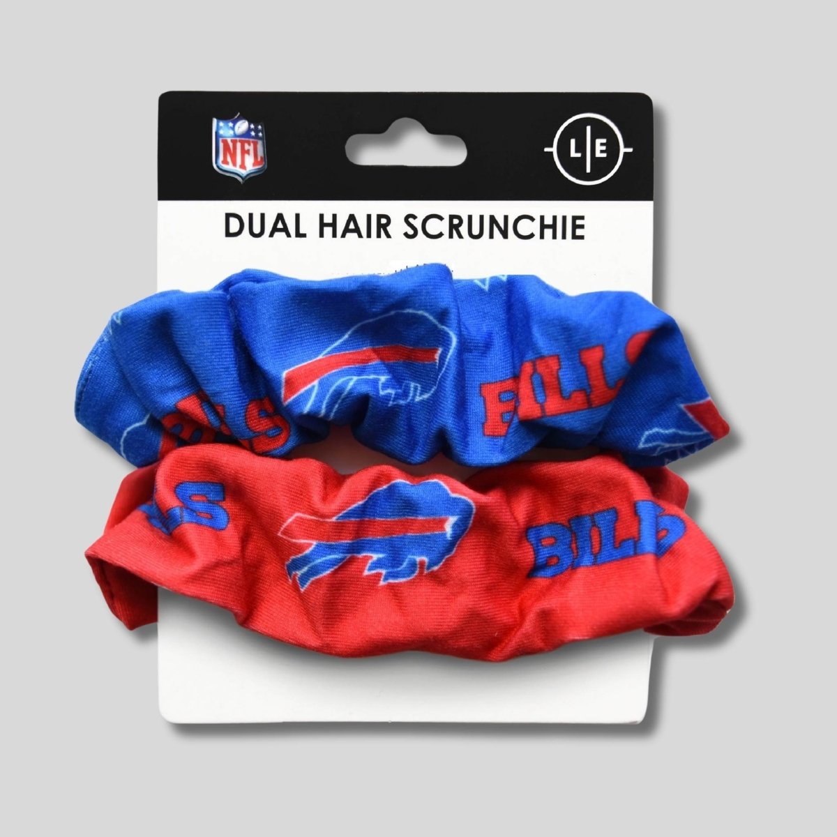 NFL Buffalo Bills hair scrunchies 2-pack red and blue on packaging card on gray background.