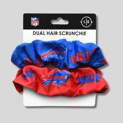NFL Buffalo Bills hair scrunchies 2-pack red and blue on packaging card on gray background.