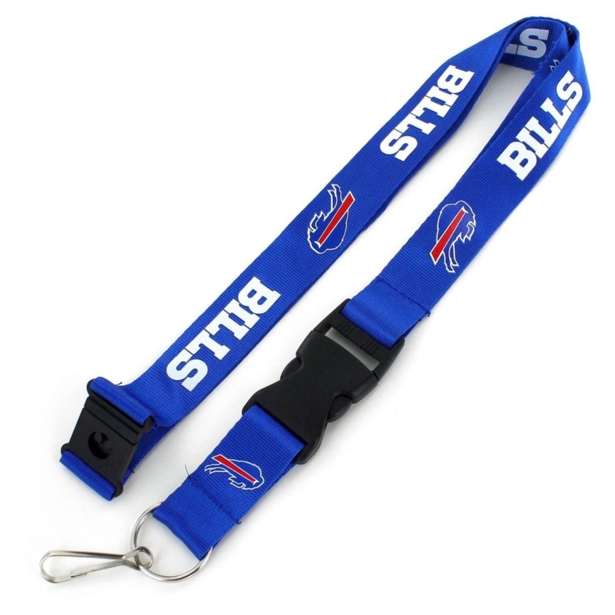 NFL Buffalo Bills blue logo lanyard with clip, keyring, and claps folded on white background. 