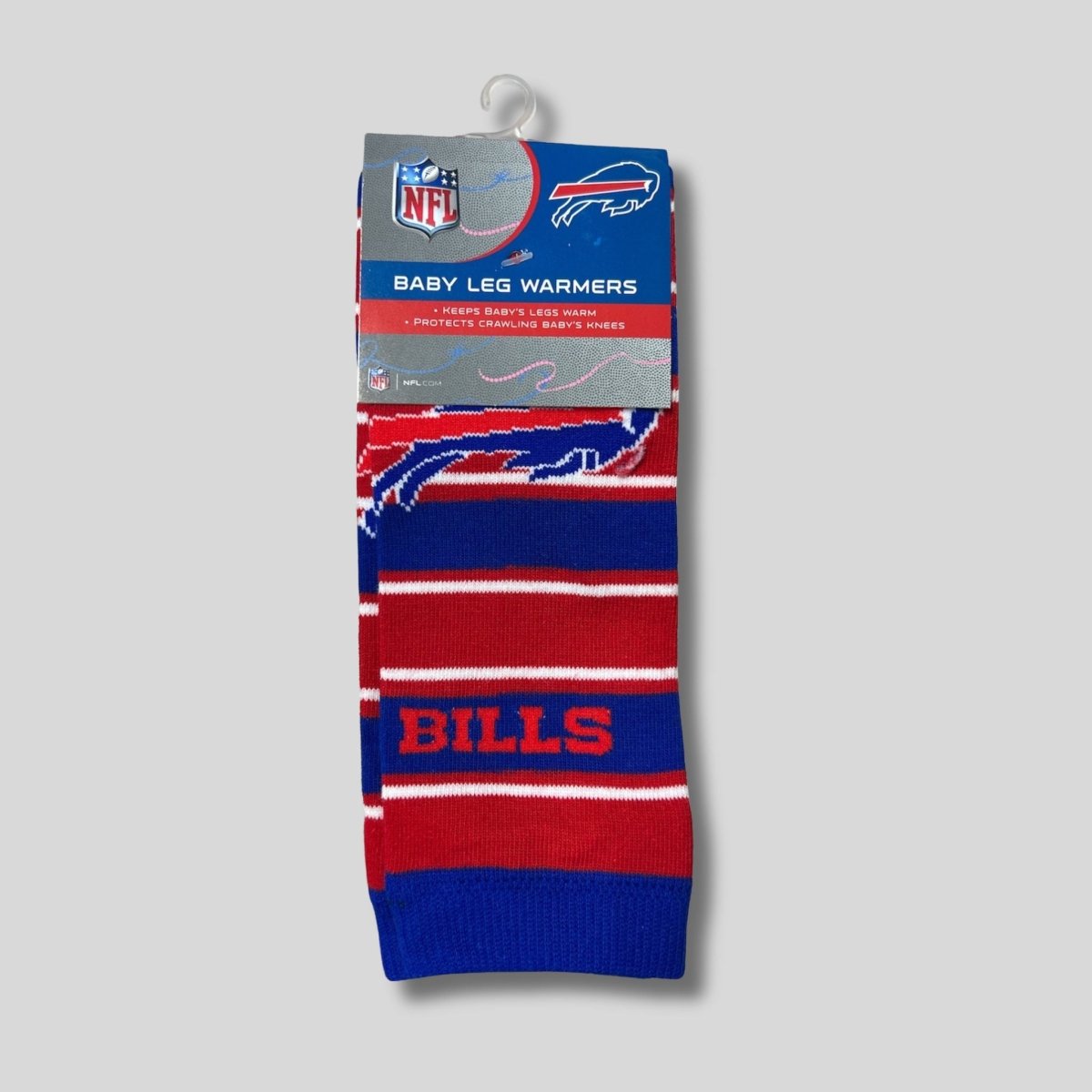 NFL Buffalo Bills red and blue baby leg warmers in package on a gray background. Little Gift Nook