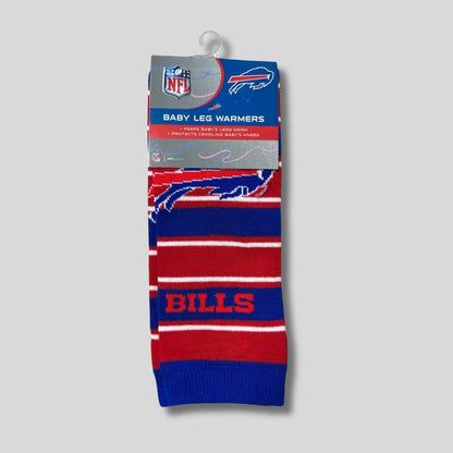 NFL Buffalo Bills red and blue baby leg warmers in package on a gray background. Little Gift Nook