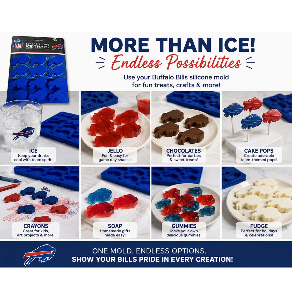 Buffalo Bills silicone mold set showing uses: ice, jello, chocolates, cake pops, crayons, soap, gummies, and fudge