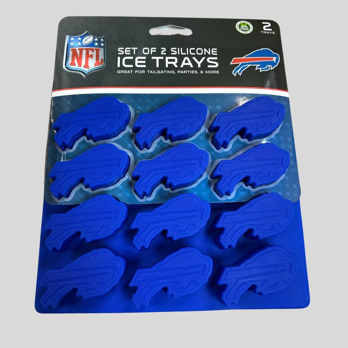 NFL set of 2 blue silicone ice trays in package on gray background. Little Gift Nook" — the store name at the end isn't ideal for SEO alt text. Suggest: "Buffalo Bills silicone ice cube tray set of 2 in packaging