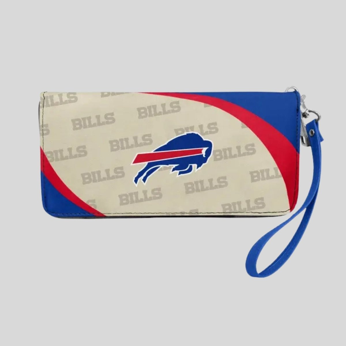 NFL Buffalo Bills red white and blue logo organizer wallet with wrist strap on a gray background.