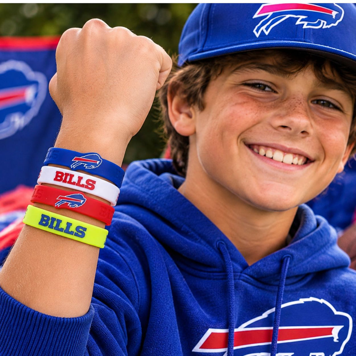 Boy holding up his wrist wearing 4 Buffalo Bills logo silicone bracelets. Blue, white, red, and yellow.