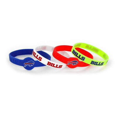 NFL Buffalo Bills Silicone Bracelets in 4 colors: Royal blue, white, red, and yellow laying in a row on a white background.