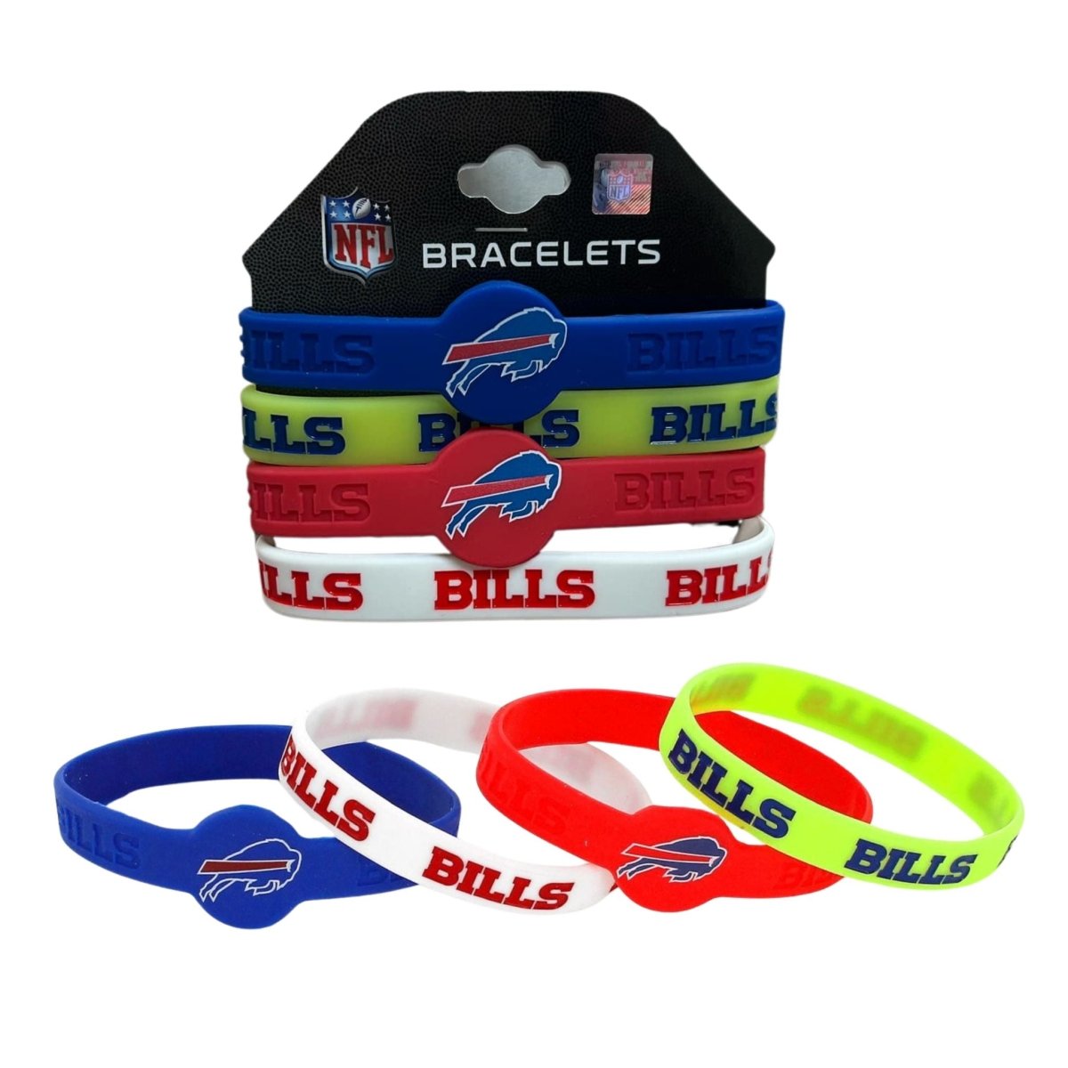 NFL Buffalo Bills Silicone Bracelets 4 pack in package and sitting loose stacked in front on a white background. Colors: blue, white, red, and yellow.