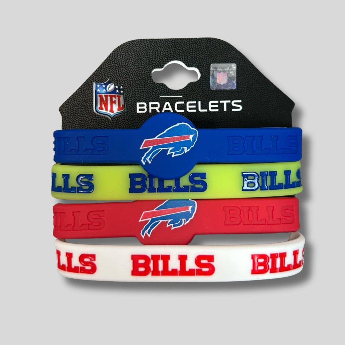NFL Buffalo Bills Silicone Bracelets 4 pack with blue, yellow, red, and white bracelets with logos on a black hanging packaging card sitting on a white background.